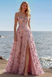 Off the Shoulder Corset Floral Blush A Line Prom Dress