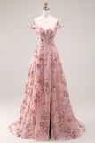 Off the Shoulder Corset Floral Blush A Line Prom Dress