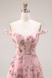 Off the Shoulder Corset Floral Blush A Line Prom Dress