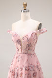 Off the Shoulder Corset Floral Blush A Line Prom Dress