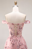 Off the Shoulder Corset Floral Blush A Line Prom Dress