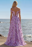Off the Shoulder Corset Floral Blush A Line Prom Dress