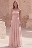 Strapless Yellow A Line Appliqued Maxi Prom Dress