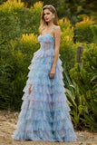 Blue Floral Tiered Corset Maxi Prom Dress