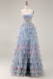 Blue Floral Tiered Corset Maxi Prom Dress