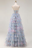 Blue Floral Tiered A-Line Corset Tulle Prom Dress With Slit