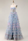 Blue Floral Tiered A-Line Corset Tulle Prom Dress With Slit