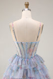 Blue Floral Tiered A-Line Corset Tulle Prom Dress With Slit