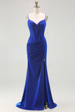 Glitter Royal Blue Corset Mermaid Prom Dress With Slit