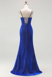 Glitter Royal Blue Corset Mermaid Prom Dress With Slit