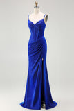 Glitter Royal Blue Corset Mermaid Prom Dress With Slit