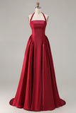 Burgundy A-Line Halter Beaded Prom Dress With Lace Up Back