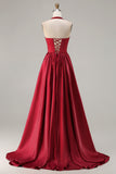 Burgundy A-Line Halter Beaded Prom Dress With Lace Up Back