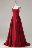 Burgundy A-Line Halter Beaded Prom Dress With Lace Up Back