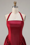 Burgundy A-Line Halter Beaded Prom Dress With Lace Up Back