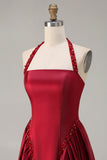 Burgundy A-Line Halter Beaded Prom Dress With Lace Up Back