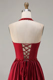 Burgundy A-Line Halter Beaded Prom Dress With Lace Up Back