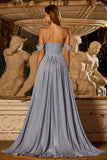 Glitter Off the Shoulder Corset Ruched Dusty Blue Prom Dress