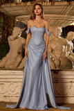 Glitter Off the Shoulder Corset Ruched Dusty Blue Prom Dress