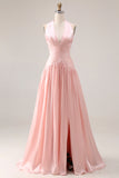 Halter Ruched A Line Blush Pink Satin Prom Dress