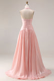 Halter Ruched A Line Blush Pink Satin Prom Dress