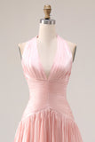 Halter Ruched A Line Blush Pink Satin Prom Dress