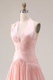 Halter Ruched A Line Blush Pink Satin Prom Dress