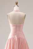 Halter Ruched A Line Blush Pink Satin Prom Dress