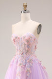 Lilac Appliqued Strapless Corset A Line Prom Dress