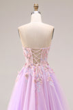 Lilac Appliqued Strapless Corset A Line Prom Dress