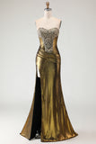 Metallic Bronze Strapless Beaded Mermaid Prom Dress With Slit