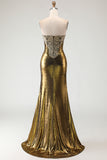 Metallic Bronze Strapless Beaded Mermaid Prom Dress With Slit
