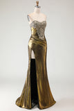 Metallic Bronze Strapless Beaded Mermaid Prom Dress With Slit