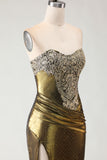 Metallic Bronze Strapless Beaded Mermaid Prom Dress With Slit
