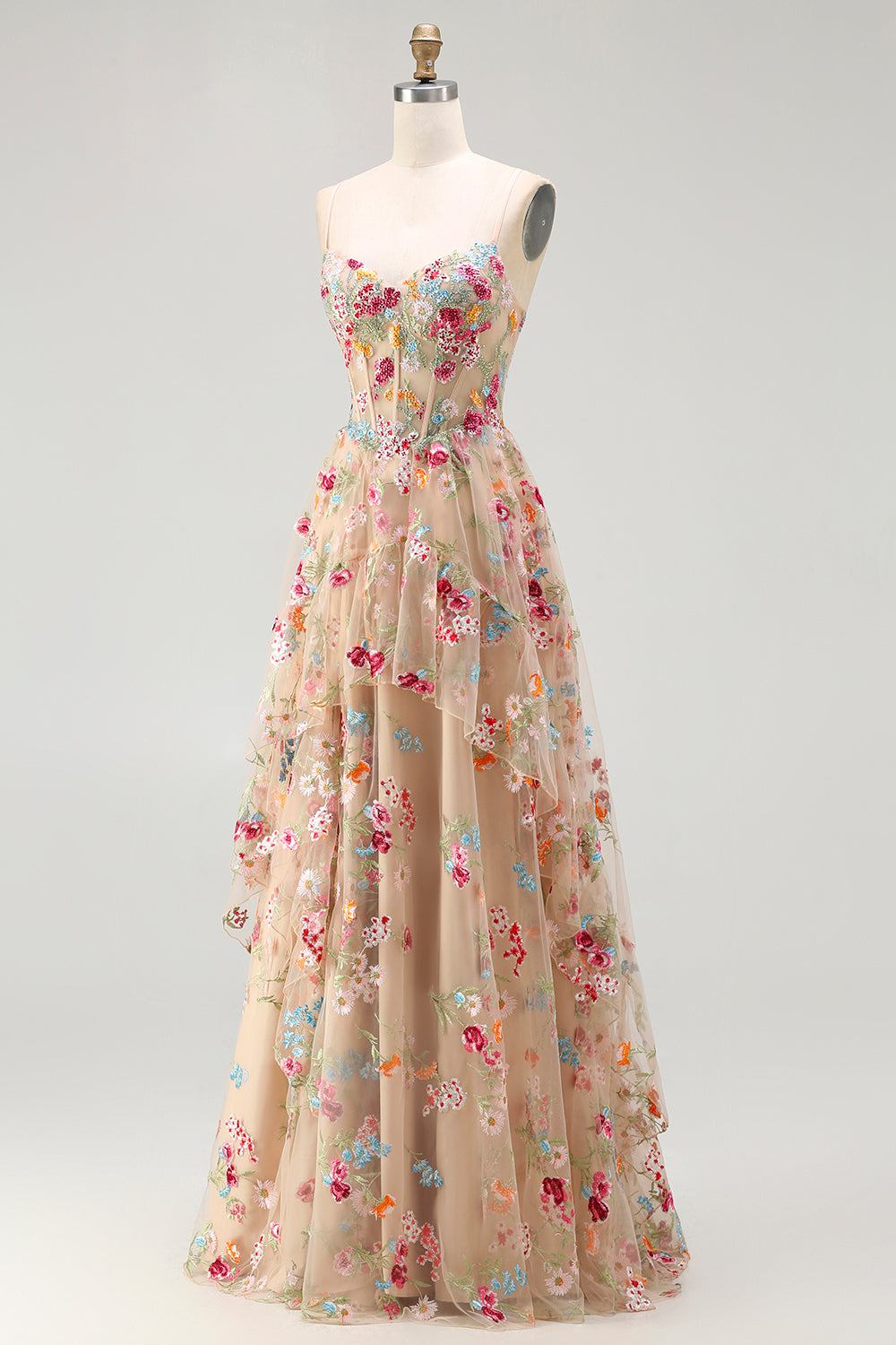 Berylove Women Champagne Flower Prom Dress With Slit A-Line Corset Embroidered Maxi Party Dress With Beading Berylove Women Champagne Flower Prom Dress With Slit A-Line Corset Embroidered Maxi Party Dress With Beading