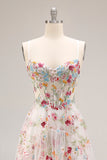Champagne Floral Embroidered Corset A-Line Prom Dress With Slit