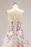 Champagne Floral Embroidered Corset A-Line Prom Dress With Slit
