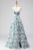 Blue A-Line Tiered Floral Prom Dress With Slit
