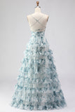 Blue A-Line Tiered Floral Prom Dress With Slit