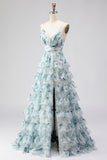 Blue A-Line Tiered Floral Prom Dress With Slit