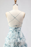 Blue A-Line Tiered Floral Prom Dress With Slit