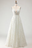 White Yellow Flower A-Line V-Neck Maxi Prom Dress