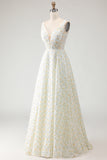 White Yellow Flower A-Line V-Neck Maxi Prom Dress
