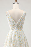 White Yellow Flower A-Line V-Neck Maxi Prom Dress