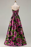 Black Strapless A-Line Corset Print Floral Maxi Prom Dress