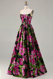 Black Strapless A-Line Corset Print Floral Maxi Prom Dress