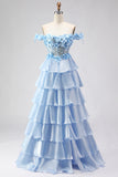Light Blue A-Line Off The Shoulder Tiered Corset Prom Dress With 3D Flowers