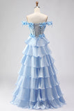 Light Blue A-Line Off The Shoulder Tiered Corset Prom Dress With 3D Flowers