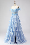 Light Blue A-Line Off The Shoulder Tiered Corset Prom Dress With 3D Flowers