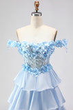 Light Blue A-Line Off The Shoulder Tiered Corset Prom Dress With 3D Flowers